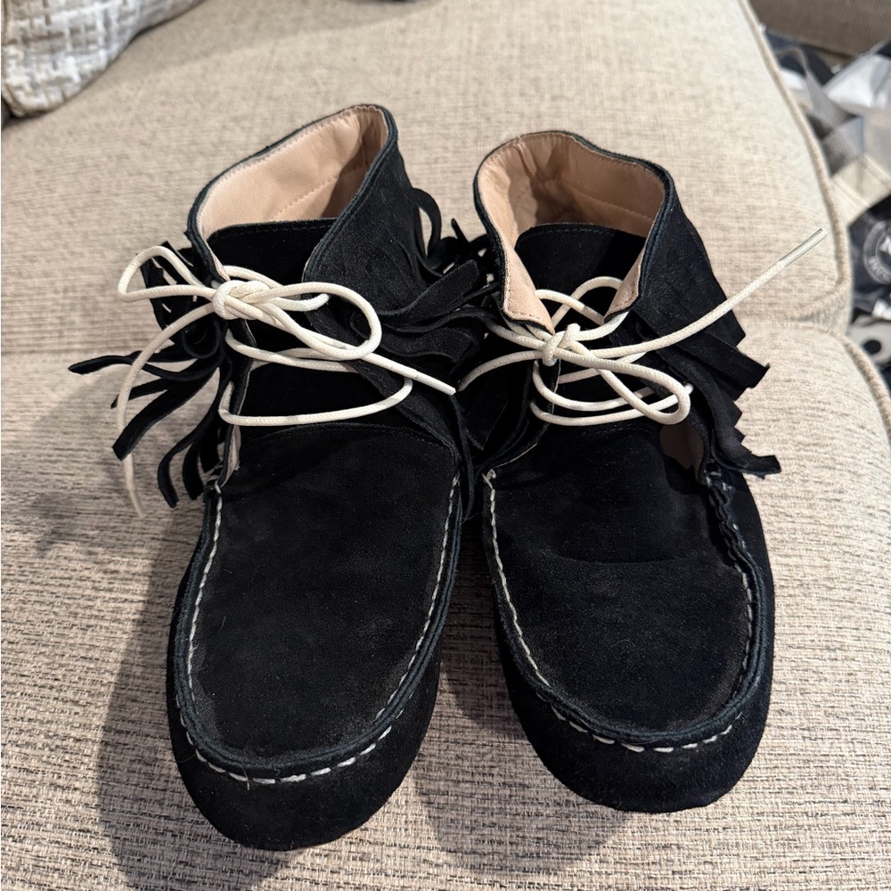 Monkey Feet Black Suede Fringe Moccasin Boots Size 40 Leather Handmade